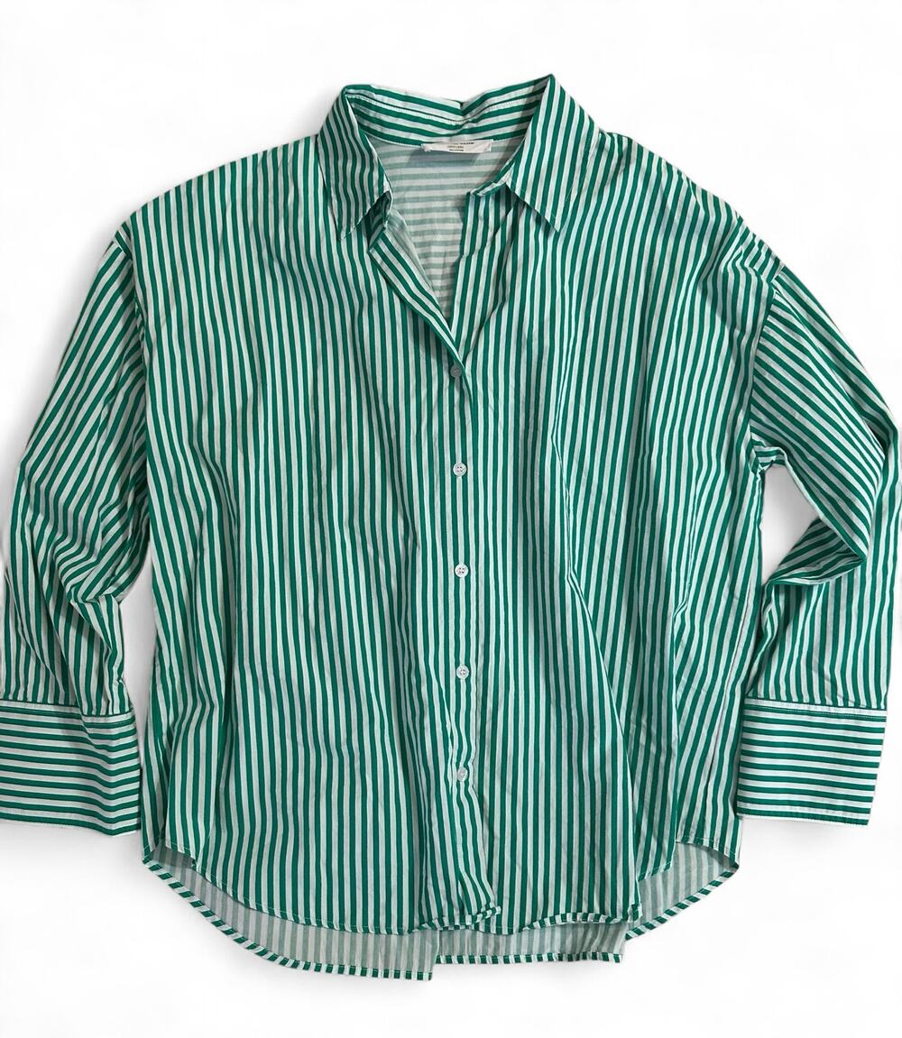 Double Zero Women’s L Green White Stripe Oversized Cotton Button Down Shirt